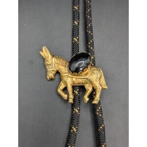 Vintage Gold Tone Donkey Burro Bolo Tie Black Cabochon Western Cowboy